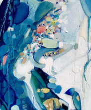 Load image into Gallery viewer, A detail view of Changing Tide. The work reflects water moving through rockpools, captivating us all, a crevice of trickles of water alive, threading through with each changing tide. A stunning work in shades of blue, aqua, turquoise, white and cream.