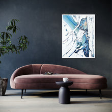 Load image into Gallery viewer, Abstract oil painting on a white background in blue, aqua and turquoise. In situ on a dark blue wall.
