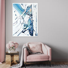 Load image into Gallery viewer, Abstract oil painting on a white background in blue, aqua and turquoise. In situ on a pale grey wall.
