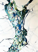 Load image into Gallery viewer, Abstract fluid acrylic painting featuring a central vertical column of marbled blue, green, black, and cream patterns set against a large white background with thin black veining.
