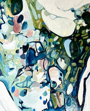 Load image into Gallery viewer, Detailed view of an abstract fluid acrylic painting featuring a central vertical column of marbled blue, green, black, and cream patterns.
