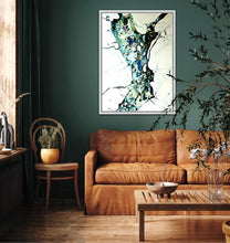 Load image into Gallery viewer, Abstract fluid acrylic painting on a dark green wall, featuring a central vertical column of marbled blue, green, black, and cream patterns
