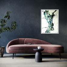 Load image into Gallery viewer, A framed abstract painting hangs on a textured navy wall in a modern living room setting.

