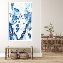 Load image into Gallery viewer, Abstract oil painting on a white background in blue and aqua, in a beige dividing wall.
