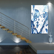 Load image into Gallery viewer, Abstract oil painting on a white background in blue and aqua, on blue staircase wall.
