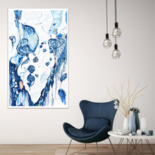 Load image into Gallery viewer, Abstract oil painting on a white background in blue and aqua, on sitting room wall.
