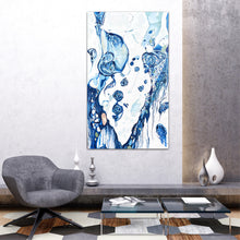 Load image into Gallery viewer, Abstract oil painting on a white background in blue and aqua, on white wall.
