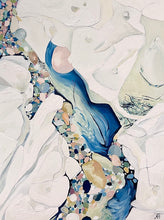 Load image into Gallery viewer, Abstract painting in shades of blue and oyster white with small multicoloured pieces.
