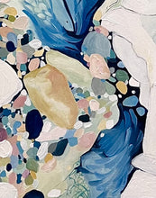 Load image into Gallery viewer, Abstract painting in shades of blue and oyster white with small multicoloured pieces. Detail view.
