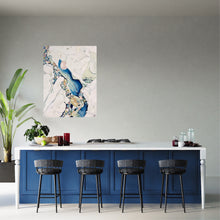 Load image into Gallery viewer, Abstract painting in shades of blue and oyster white with small multicoloured pieces. In situ on a pale grey wall.
