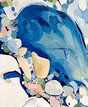 Load image into Gallery viewer, Abstract painting in shades of blue and white with small multicoloured pieces. Detail View.
