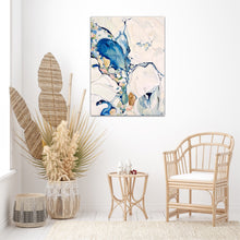 Load image into Gallery viewer, Abstract painting in shades of blue and white with small multicoloured pieces. In sit on a white wall.
