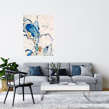 Load image into Gallery viewer, Abstract painting in shades of blue and white with small multicoloured pieces. In situ on a white living room wall.
