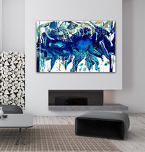 Load image into Gallery viewer, Abstract oil painting on a white background in shades of blue, white and green, above fireplace.
