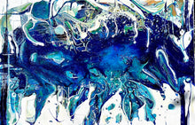 Load image into Gallery viewer, Abstract oil painting on a white background in shades of blue, white and green.
