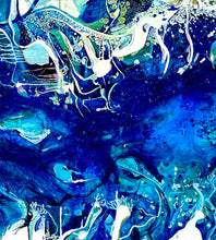 Load image into Gallery viewer, Abstract oil painting on a white background in shades of blue, white and green. Detail view.
