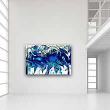 Load image into Gallery viewer, Abstract oil painting on a white background in shades of blue, white and green. In situ view.
