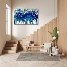 Load image into Gallery viewer, Abstract oil painting on a white background in shades of blue, white and green, on staircase wall.
