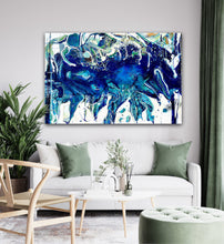 Load image into Gallery viewer, Abstract oil painting on a white background in shades of blue, white and green, on wall.
