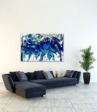 Load image into Gallery viewer, Abstract oil painting on a white background in shades of blue, white and green on white wall.
