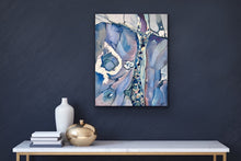 Load image into Gallery viewer, Abstract painting in shades of blue, pink and mauve. In situ on a dark blue wall.
