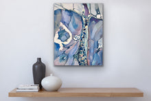 Load image into Gallery viewer, Abstract painting in shades of blue, pink and mauve. In situ on a white wall above a shelf.
