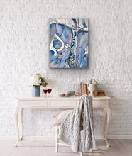 Load image into Gallery viewer, Abstract painting in shades of blue, pink and mauve. In situ on a white brick wall.
