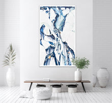 Load image into Gallery viewer, Abstract oil painting on a white background in light blue, mid blue and aqua with multicoloured detail, shown on a white wall.
