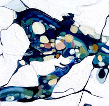 Load image into Gallery viewer, Oil painting of an abstract rock pool in shades of blue, aqua, turquoise with multi-coloured detail. Detail view.
