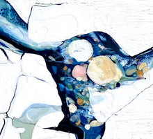 Load image into Gallery viewer, Oil painting of an abstract rock pool in shades of blue, aqua, turquoise with multi-coloured detail. Detail view 2.
