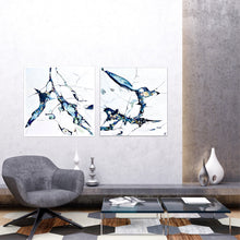 Load image into Gallery viewer, Oil painting of an abstract rock pool in shades of blue, aqua, turquoise with multi-coloured detail. In situ on wall with matching painting Sea Star.
