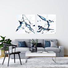 Load image into Gallery viewer, Abstract oil painting on a white background with blue, aqua, turquoise multi-coloured detail. In situ on a white wall with a matching painting Sea Angel.
