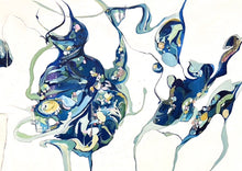 Load image into Gallery viewer, Oil painting on a white background with two abstract shapes in shades of blue and green.
