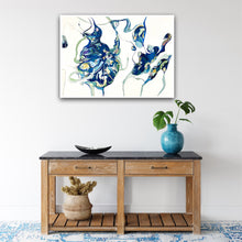 Load image into Gallery viewer, Oil painting on a white background with two abstract shapes in shades of blue and green. on wall above hall stand.
