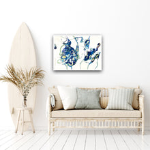 Load image into Gallery viewer, Oil painting on a white background with two abstract shapes in shades of blue and green, on sitting room wall.
