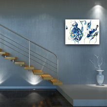 Load image into Gallery viewer, Oil painting on a white background with two abstract shapes in shades of blue and green, on staircase wall.
