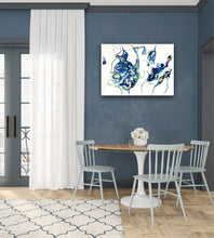 Load image into Gallery viewer, Oil painting on a white background with two abstract shapes in shades of blue and green, on a blue wall.
