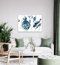 Load image into Gallery viewer, Oil painting on a white background with two abstract shapes in shades of blue and green, shown on a living room wall.
