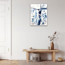 Load image into Gallery viewer, Abstract oil painting on a white background in shades of blue, on beige wall.
