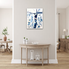 Load image into Gallery viewer, Abstract oil painting on a white background in shades of blue, on dividing wall.
