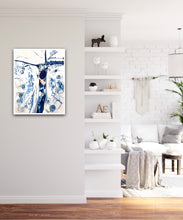 Load image into Gallery viewer, Abstract oil painting on a white background in shades of blue, on sitting room wall.
