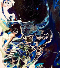 Load image into Gallery viewer, Abstract oil and mixed medium painting in shades of dark blue, royal blue and multicoloured detail, close up view.
