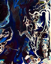 Load image into Gallery viewer, Abstract oil and mixed medium painting in shades of dark blue, royal blue and multicoloured detail. Close up view.
