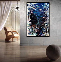 Load image into Gallery viewer, Abstract oil and mixed medium painting in shades of dark blue, royal blue and multicoloured detail on grey brick wall.
