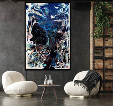 Load image into Gallery viewer, Abstract oil and mixed medium painting in shades of dark blue, royal blue and multicoloured detail, on charcoal wall.
