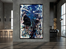 Load image into Gallery viewer, Abstract oil and mixed medium painting in shades of dark blue, royal blue and multicoloured detail, on dividing wall.
