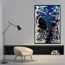 Load image into Gallery viewer, Abstract oil and mixed medium painting in shades of dark blue, royal blue and multicoloured detail on grey wall.
