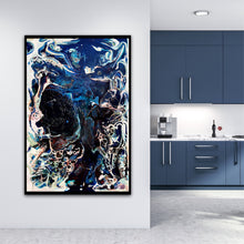 Load image into Gallery viewer, Abstract oil and mixed medium painting in shades of dark blue, royal blue and multicoloured detail, shown on white wall.
