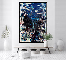 Load image into Gallery viewer, Abstract oil and mixed medium painting in shades of dark blue, royal blue and multicoloured detail, on white wall.
