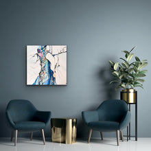 Load image into Gallery viewer, Abstract painting with white background and small multicoloured detail.  In situ on a dark blue grey wall.
